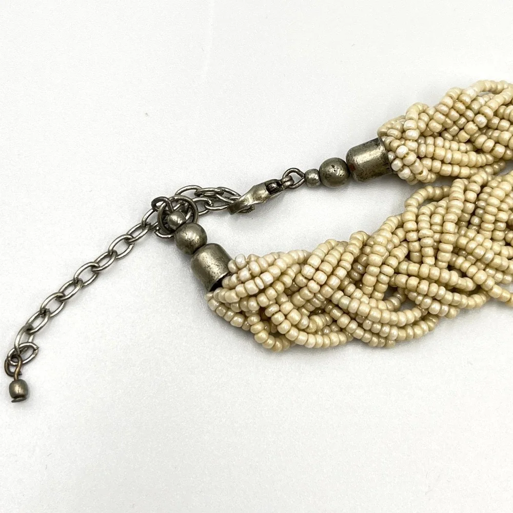 Vintage Multi-Strand Braided Seed Bead Necklace Cream Blue Brown Boho Retro - Picture 4 of 15